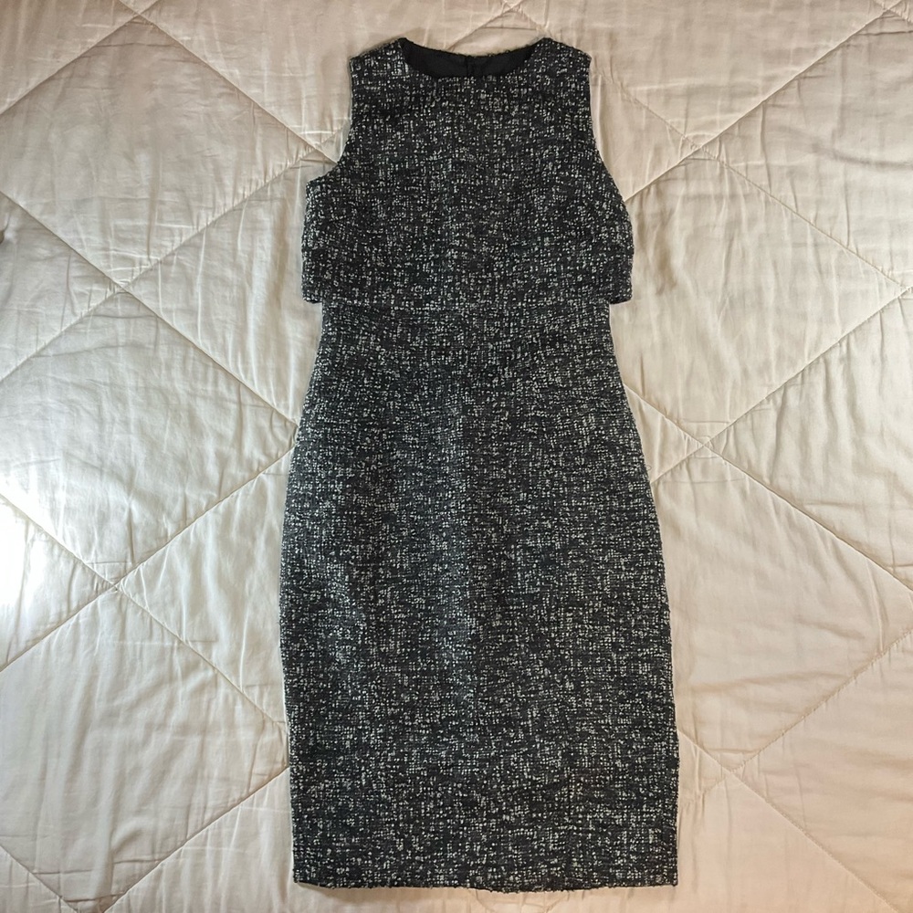 Badgley Mischka Black Grey Tweed Wool Blend Sheath Sleeveless Dress Size 4 #2380